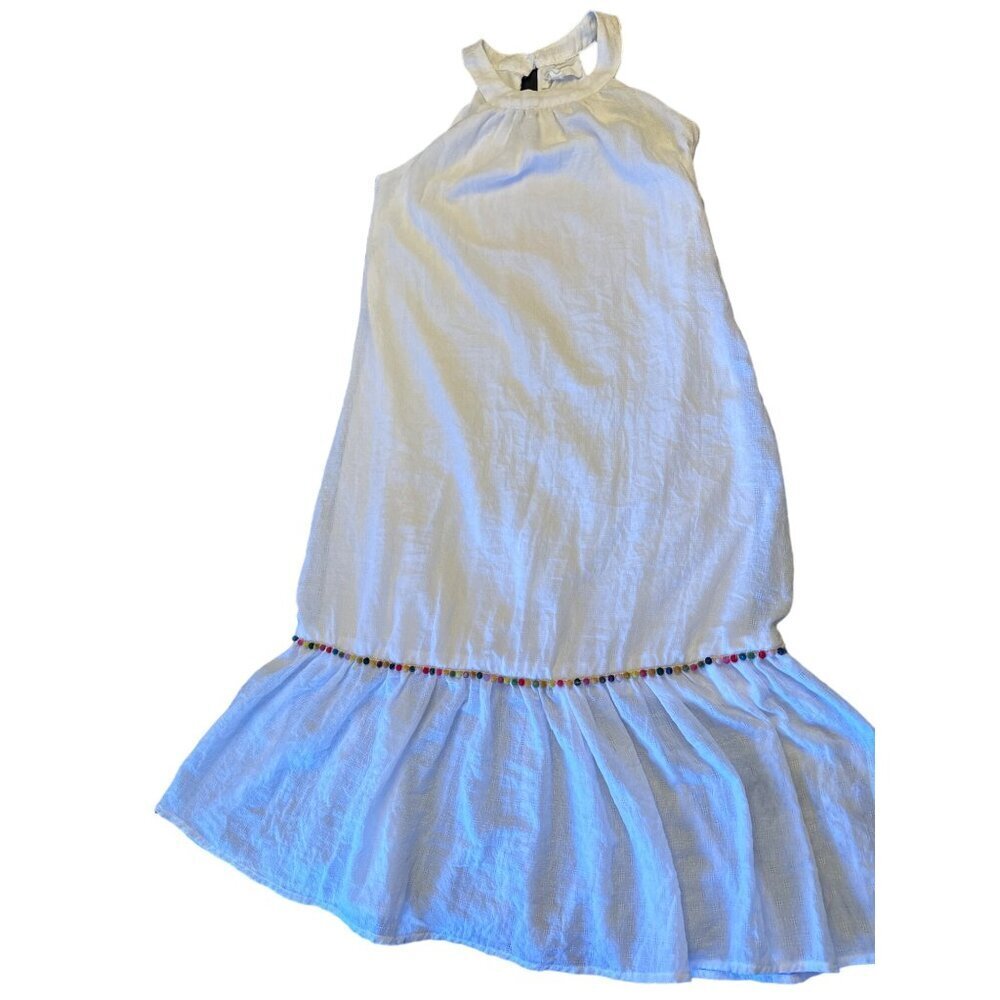 White Superfox Halter Dress XS With Pom-Pom‎ Trim Polyester & Cotton Blend